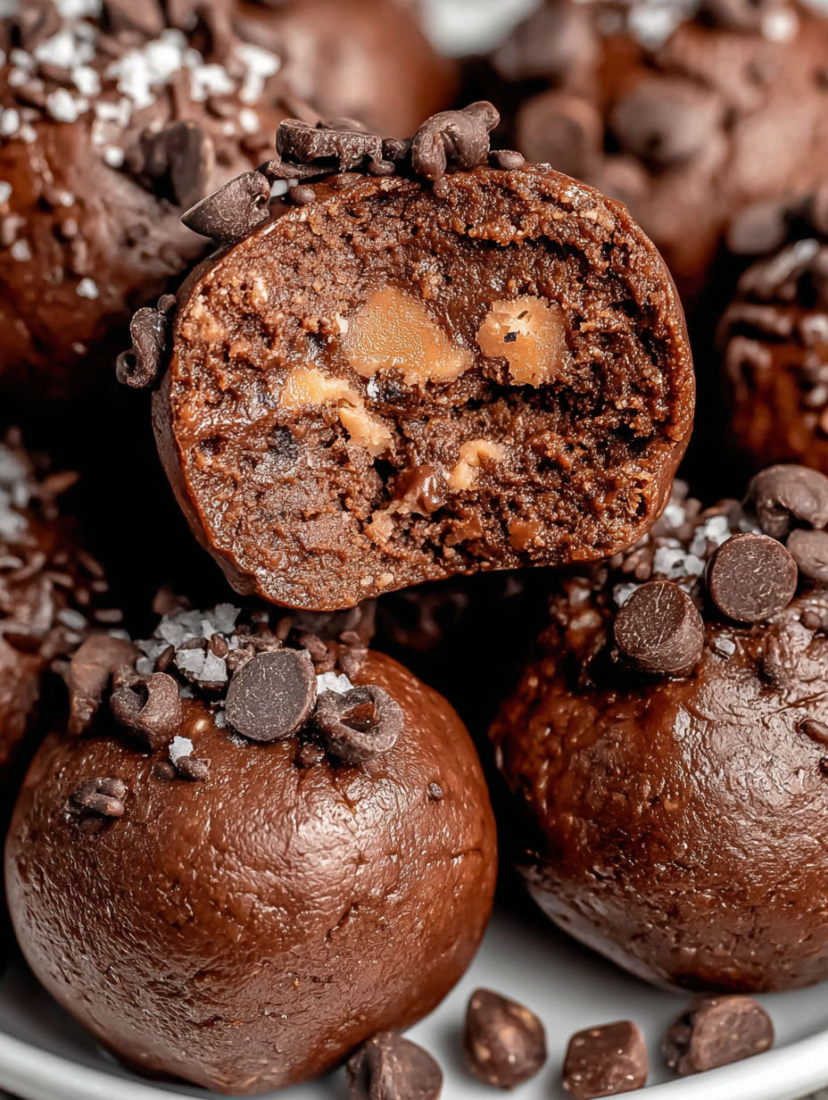 A close up of a delicious brownie protein ball.
