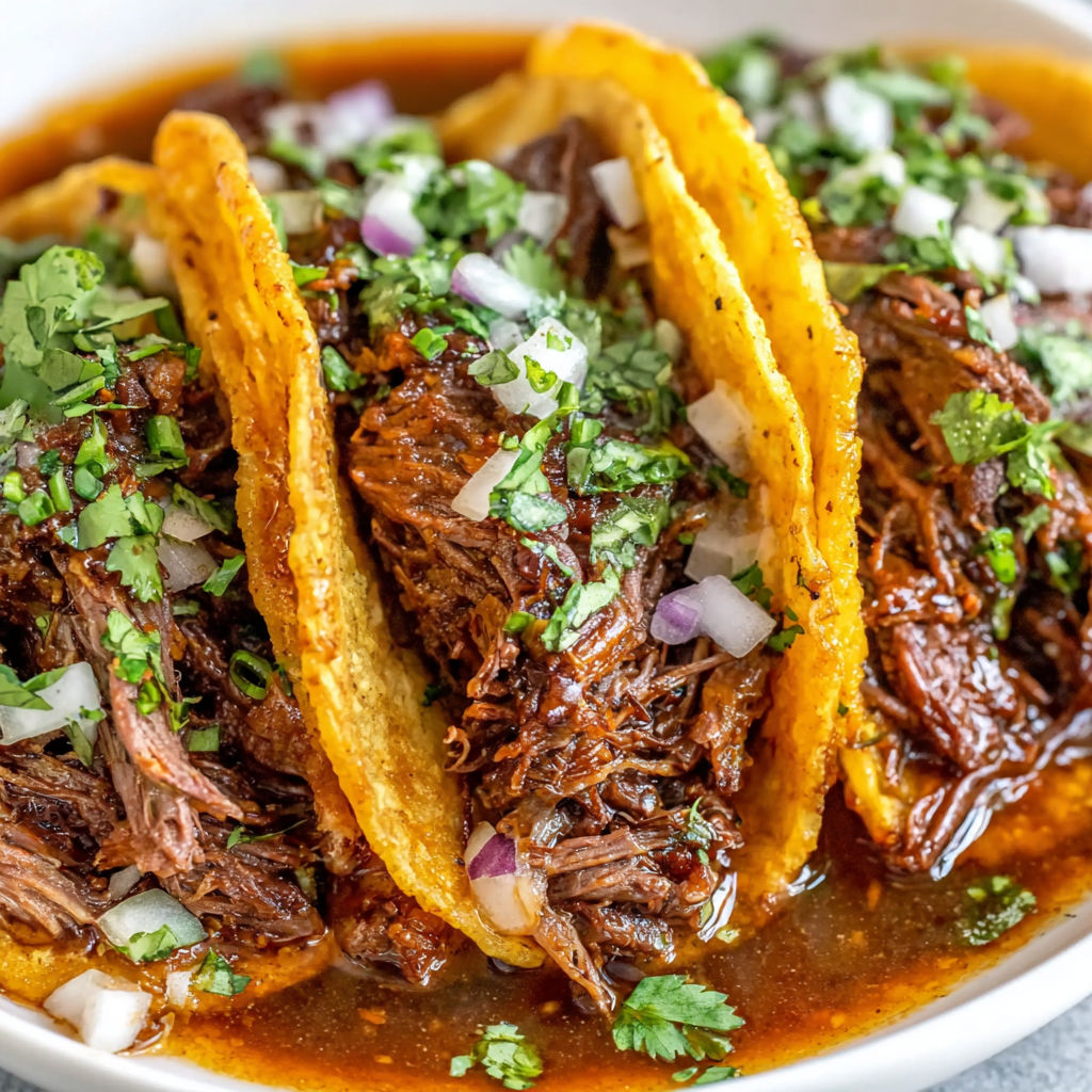 A plate of beef tacos with onions and peppers.