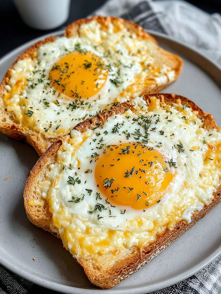 Two pieces of toast with eggs and cheese.