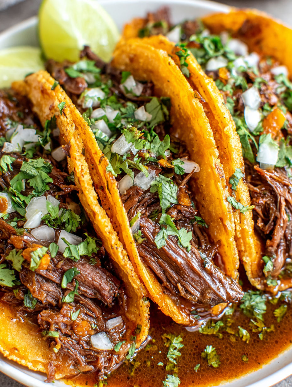 A plate of food with two tacos and a meat dish.