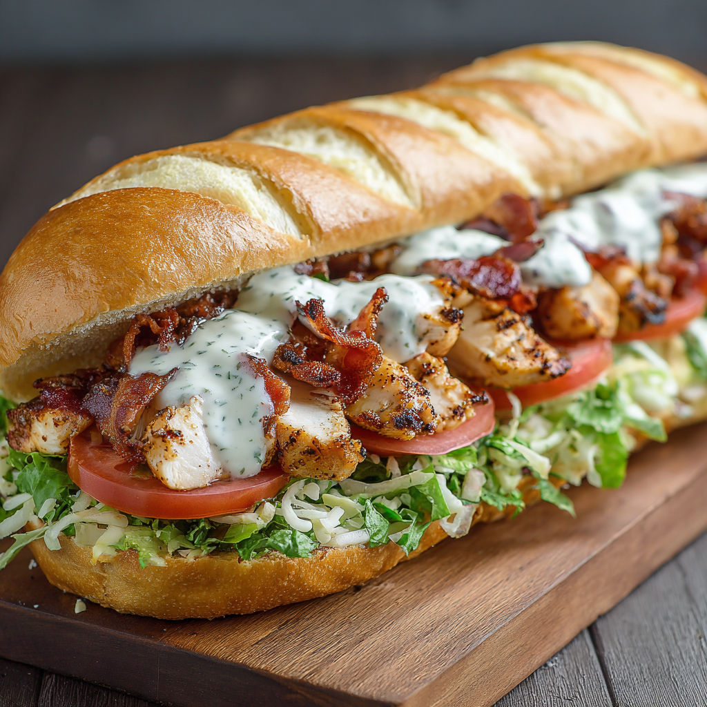 A sandwich with chicken, bacon, and ranch dressing.