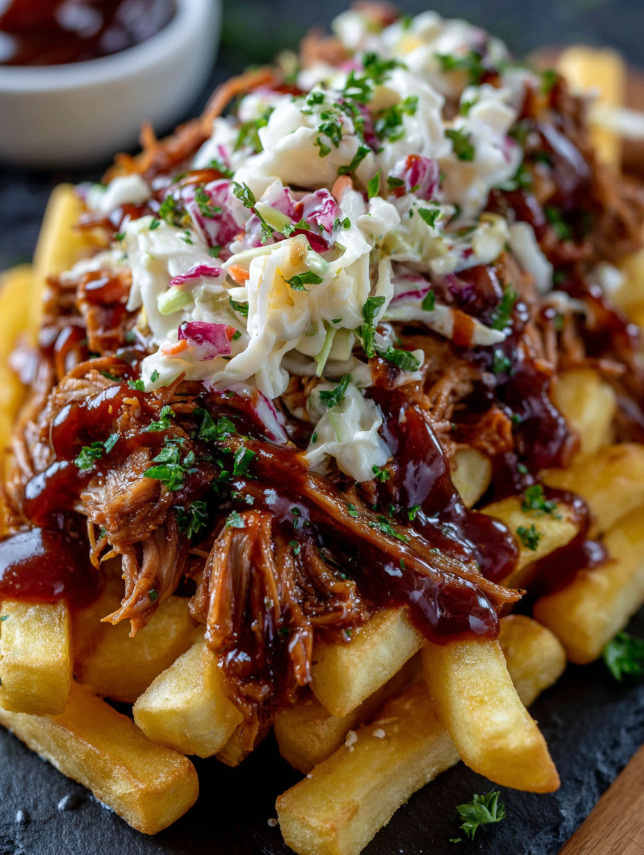 A close up of a BBQ sandwich with coleslaw and french fries.