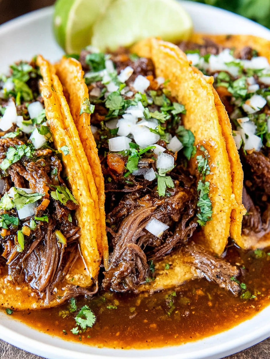A plate of food with two tacos and meat.