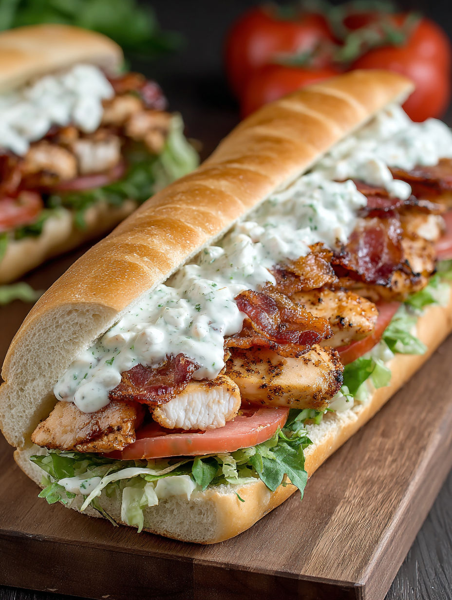 A sandwich with chicken, bacon, tomatoes, lettuce, and a white sauce.