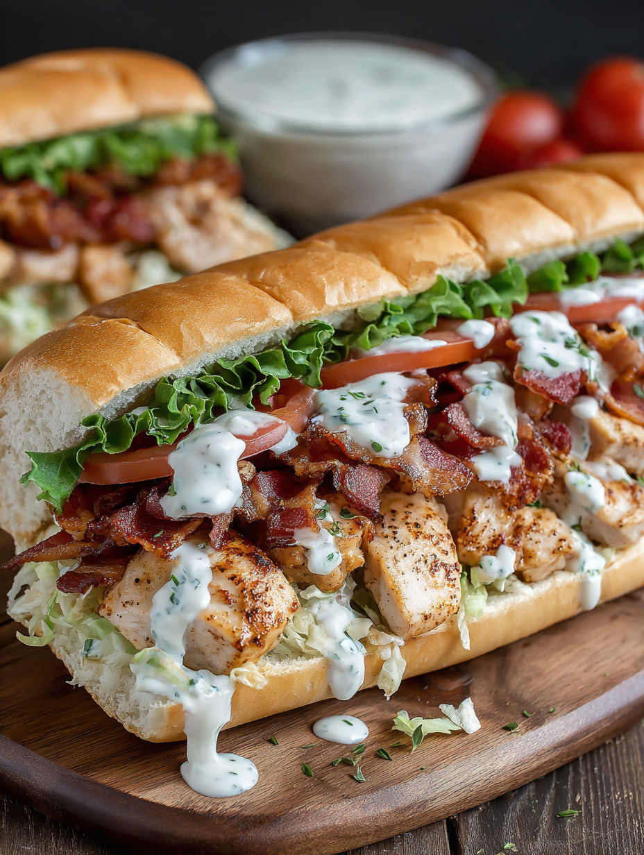 A sandwich with bacon, lettuce, tomato, and ranch dressing.