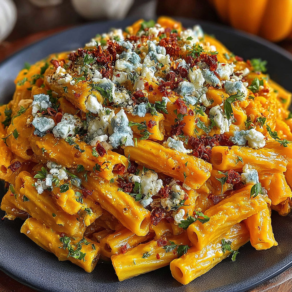 A plate of pasta with feta cheese and herblichke kürbis.