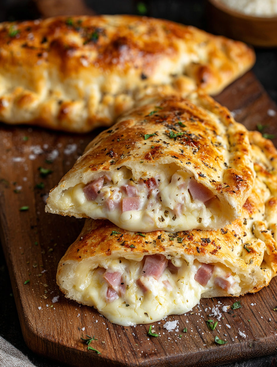 A close up of a pastry with cheese and meat.