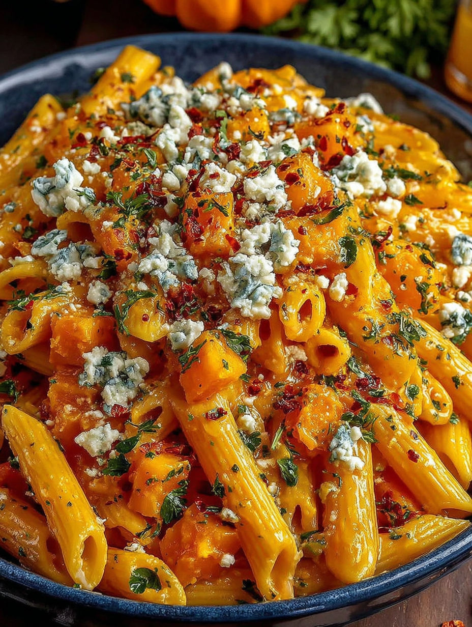 A bowl of pasta with cheese and orange sauce.