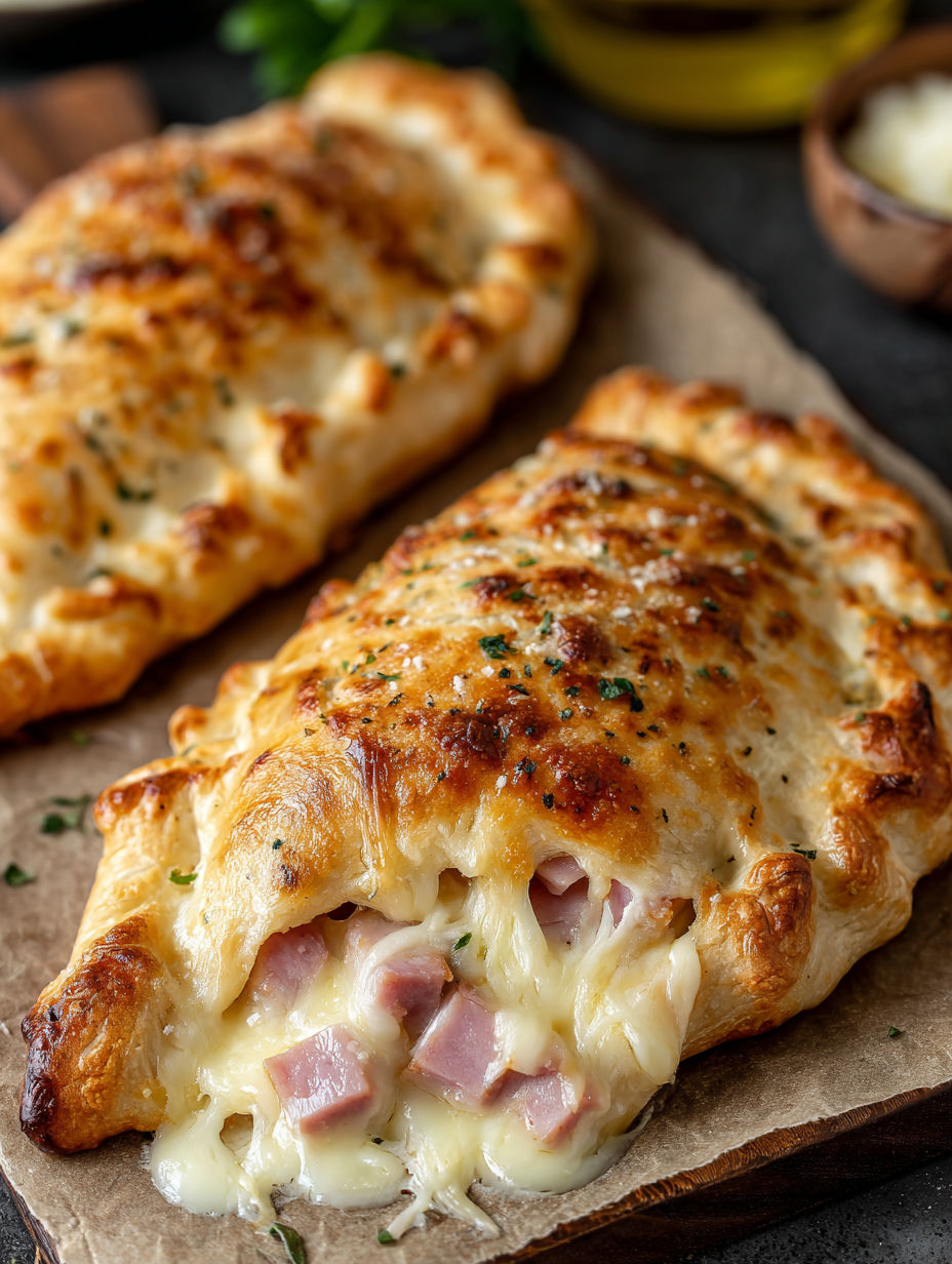 A close up of a cheese and ham filled calzone.