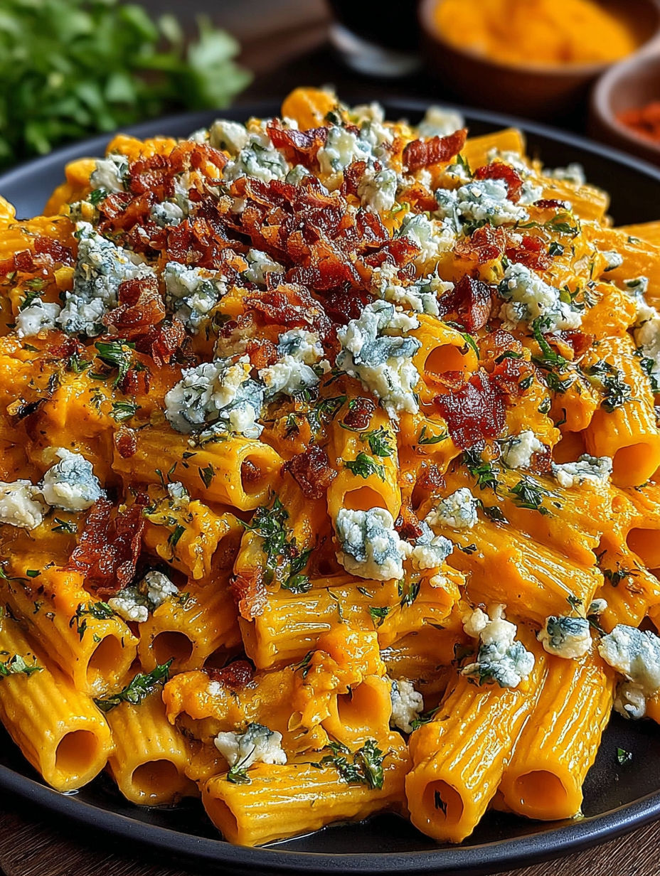 A plate of pasta with cheese and bacon.