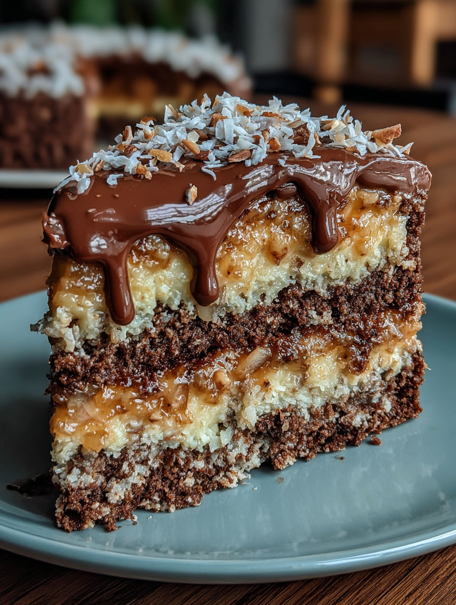 A slice of chocolate cake with chocolate drizzled on top.