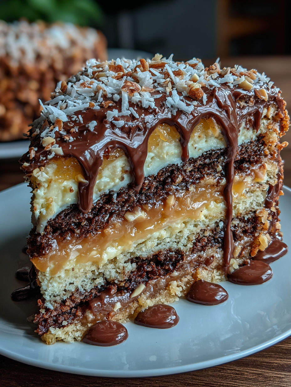 A slice of chocolate paradise cake with rich and creamy layers.