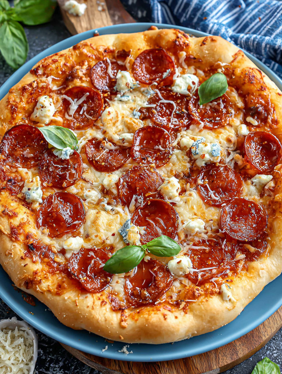 A pizza with pepperoni and cheese on top.