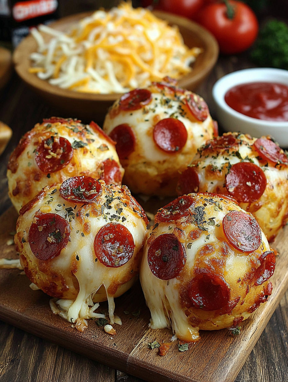 Three pepperoni balls with cheese on a wooden platter.