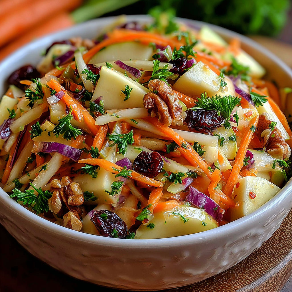 A bowl of vegetables including carrots, apples, and walnuts.