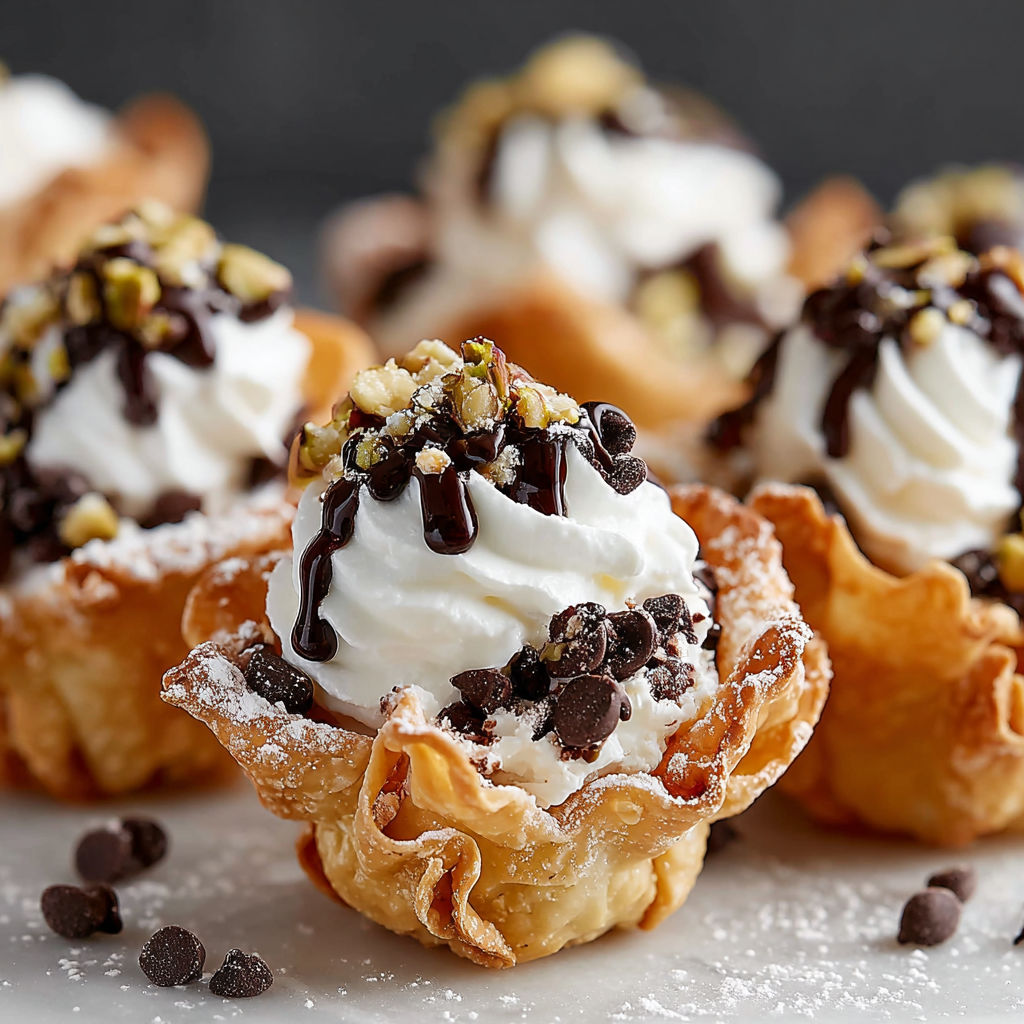 Mini cannoli bites with white whipped cream and chocolate chips.
