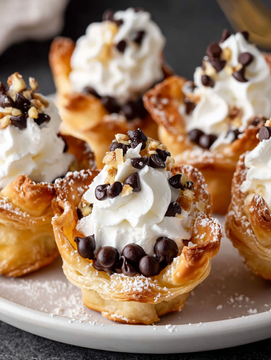Mini cannoli bites with white whipped cream and chocolate chips.