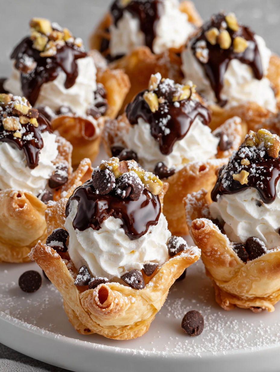 Mini cannoli bites with chocolate and white cream.