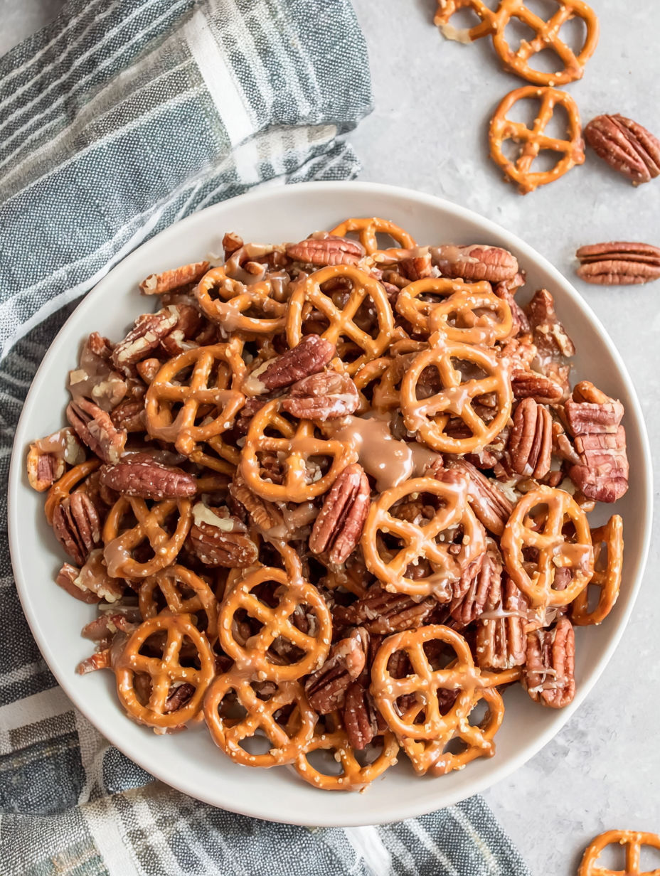 A white plate with a bowl of nuts and pretzels.
