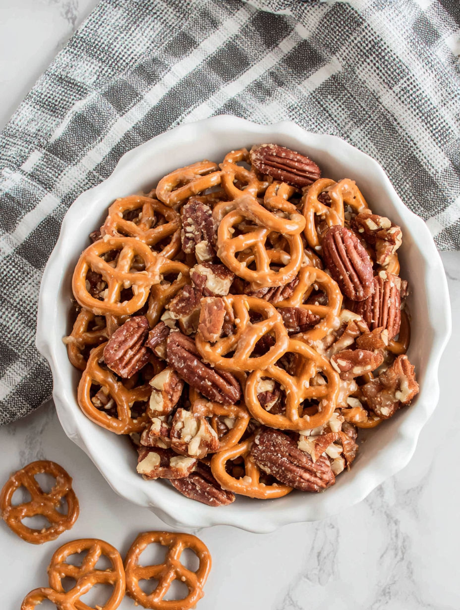 A bowl of mixed nuts and pretzels.