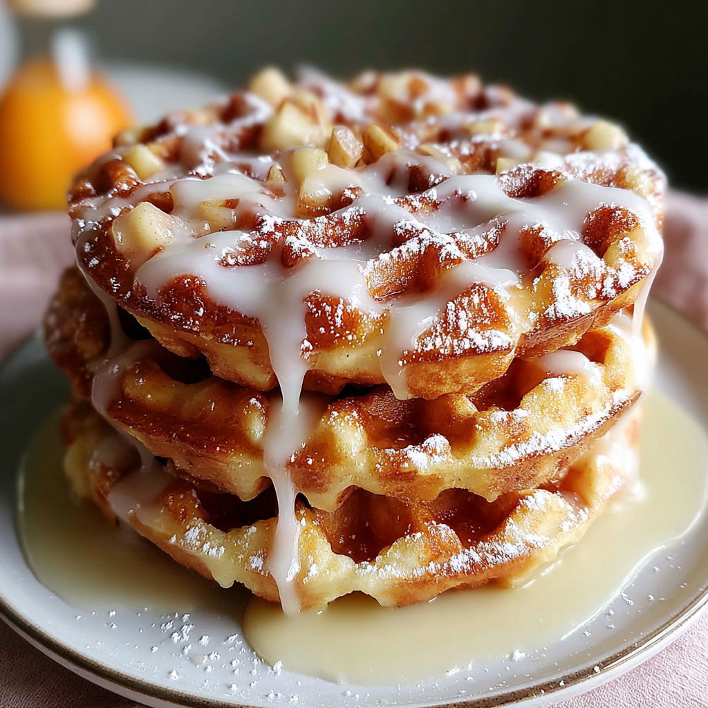 A stack of waffles with powdered sugar and drizzled with caramel.