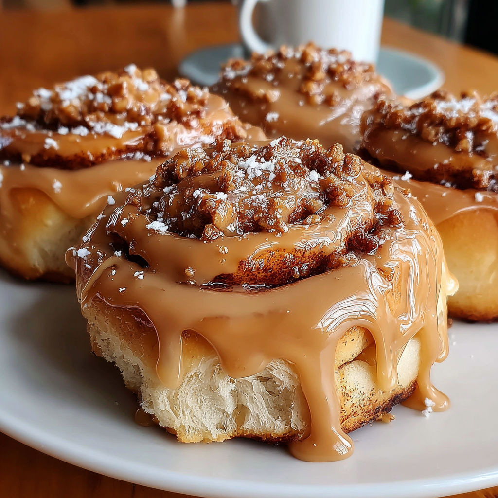Three Biscoff cinnamon rolls on a plate.