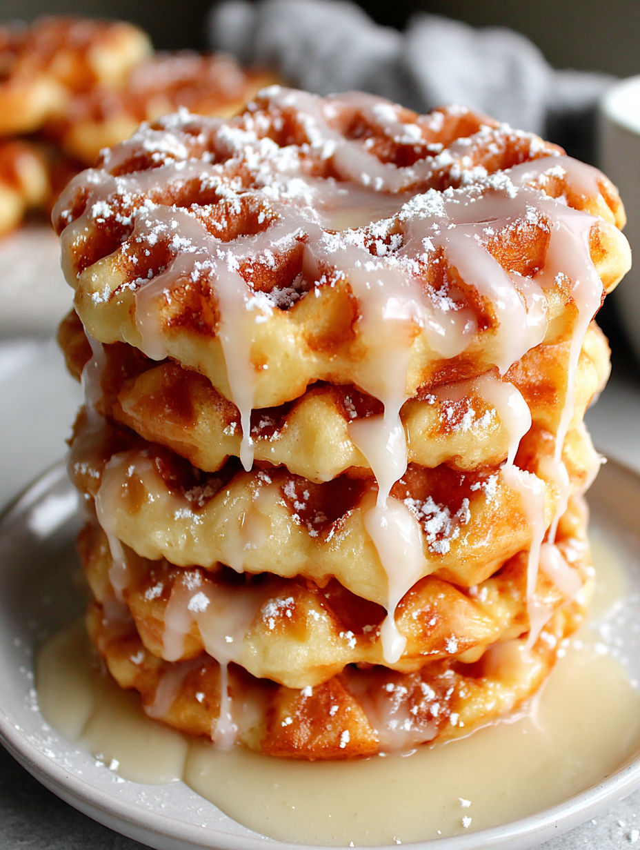 A stack of waffles with powdered sugar and drizzled with caramel.