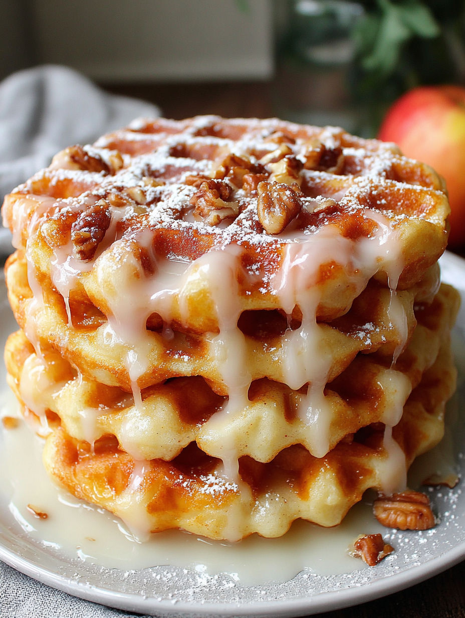 A stack of waffles topped with powdered sugar and a sliced apple.