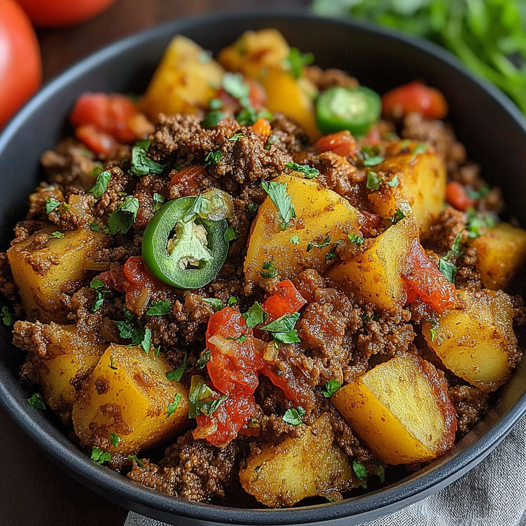 A bowl of Mexican Picadillo with tomatoes, onions, peppers, and meat.