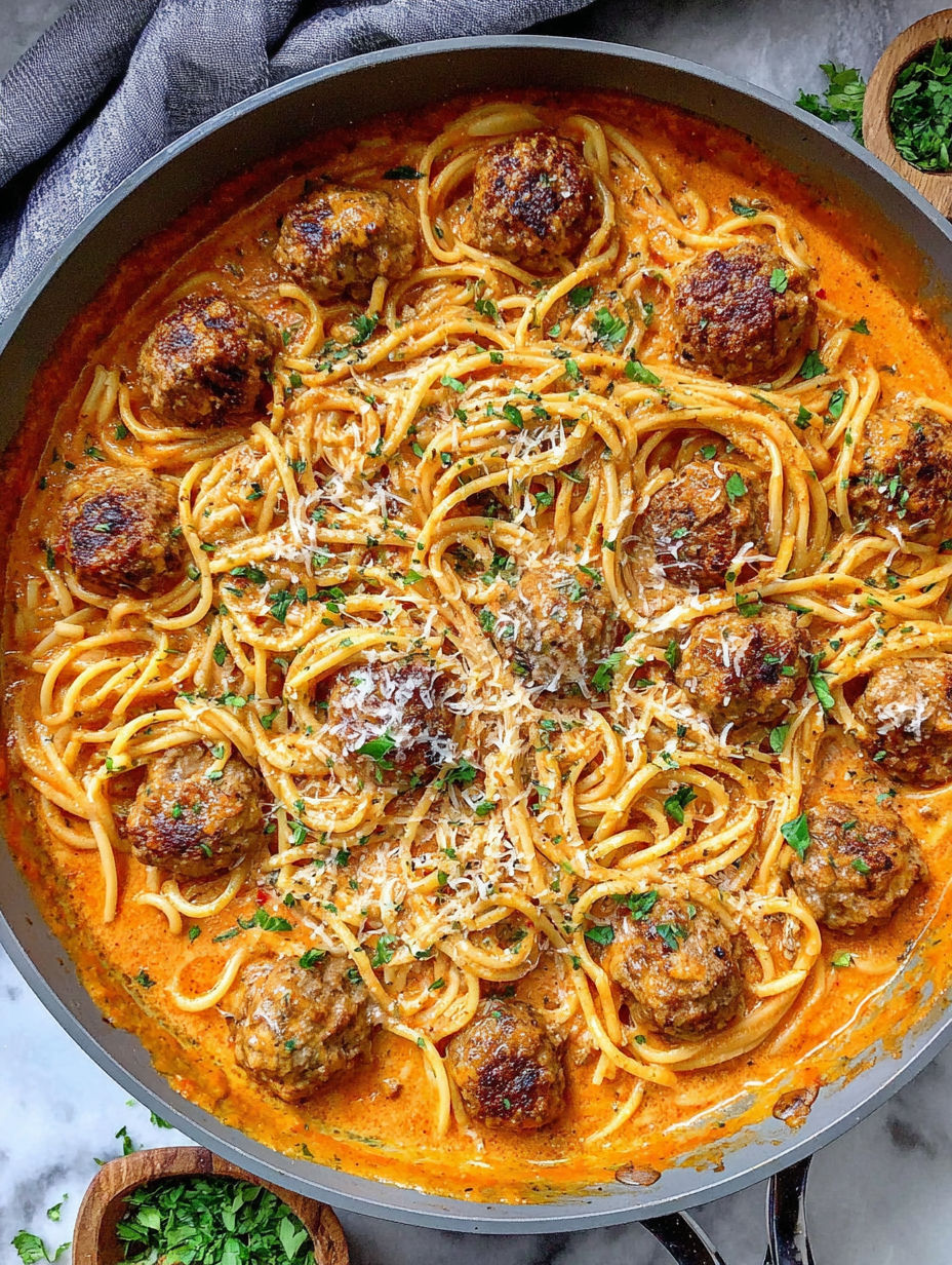 A dish of spaghetti with meatballs and sauce.