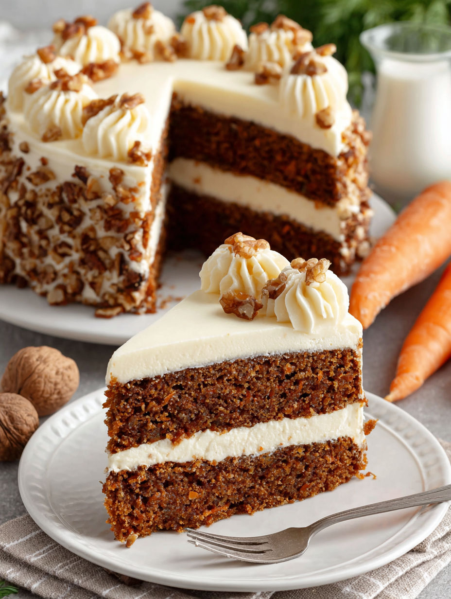 A slice of cake with white frosting and nuts on top.