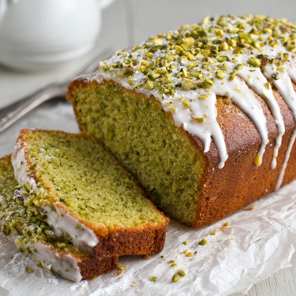 A loaf of bread with green topping.