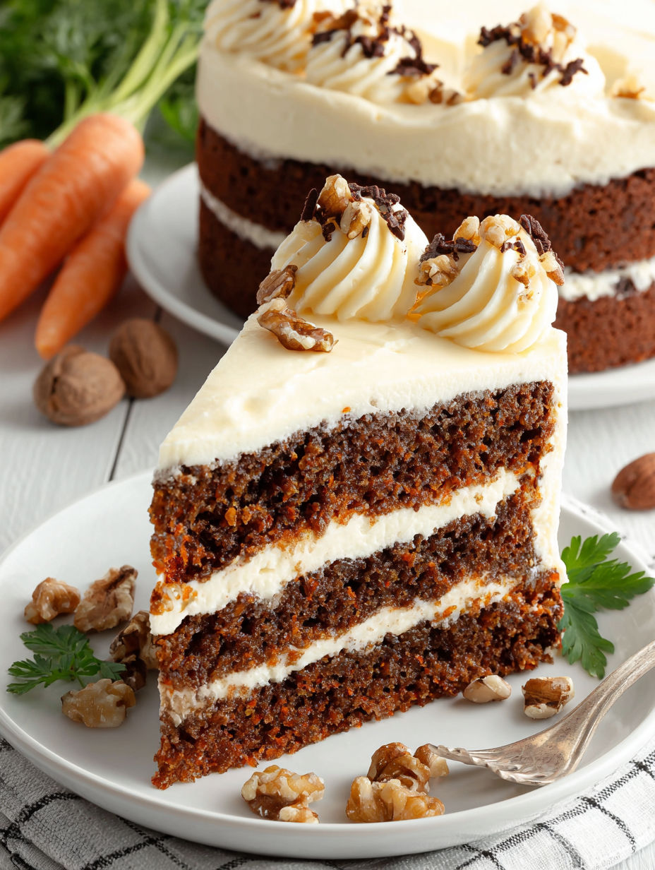 A slice of chocolate cake with white frosting and nuts on top.