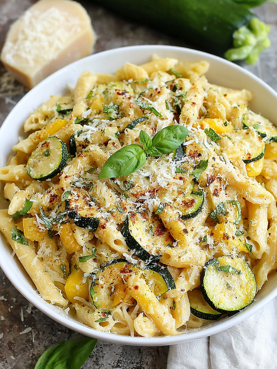 A bowl of pasta with zucchini and basil.
