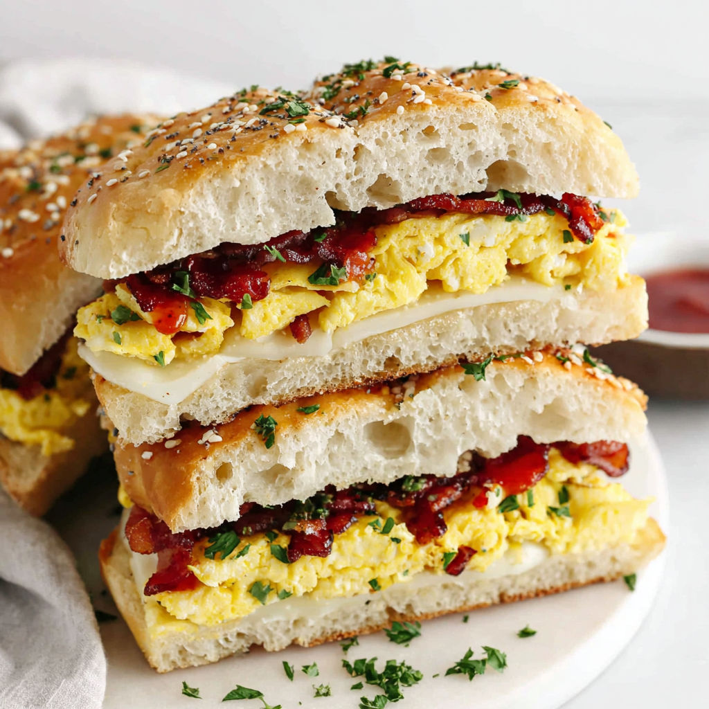 A homemade focaccia breakfast sandwich with eggs, cheese, and bacon.