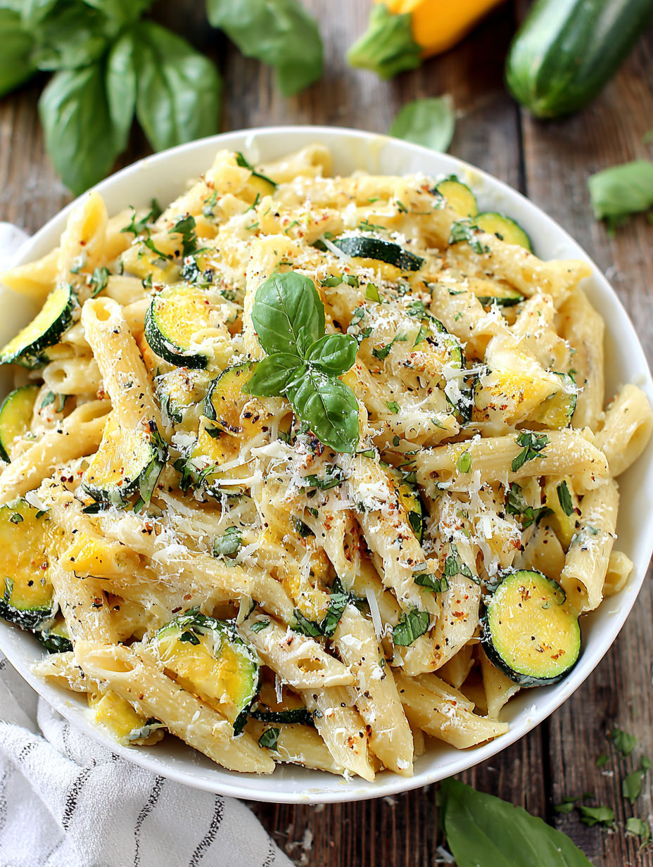 A bowl of pasta with zucchini and cheese.