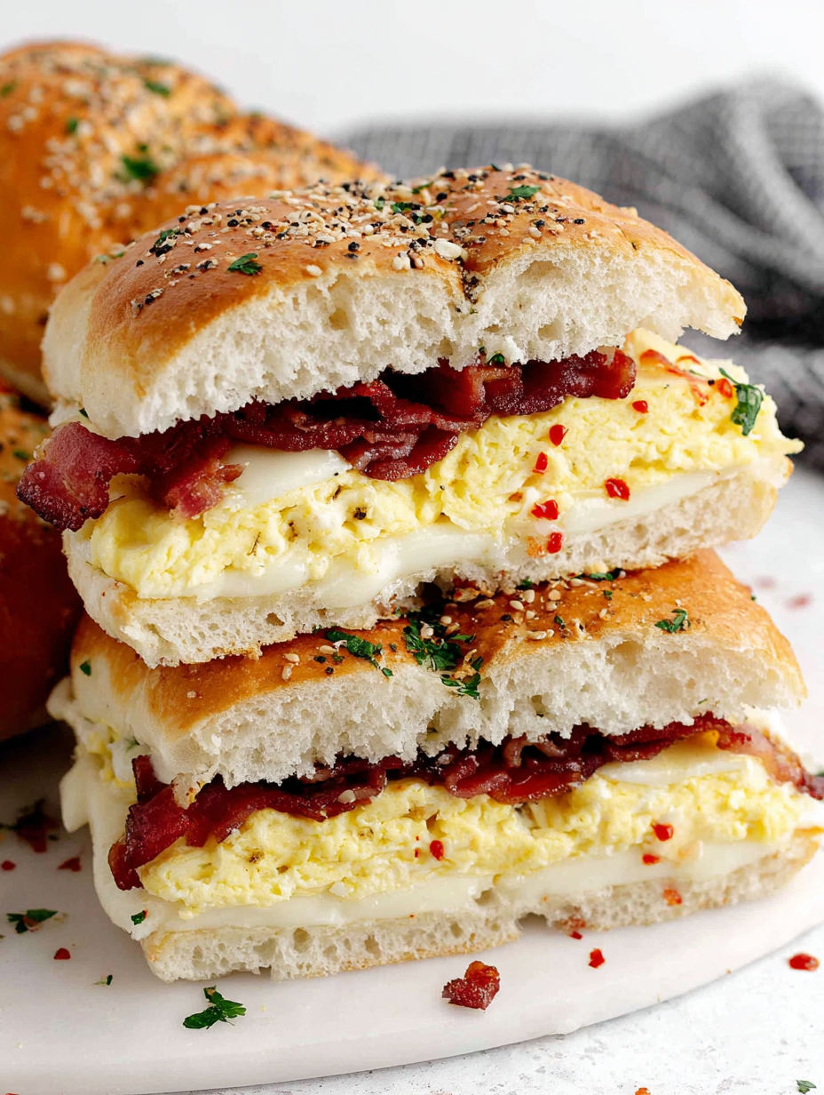 A homemade focaccia breakfast sandwich.