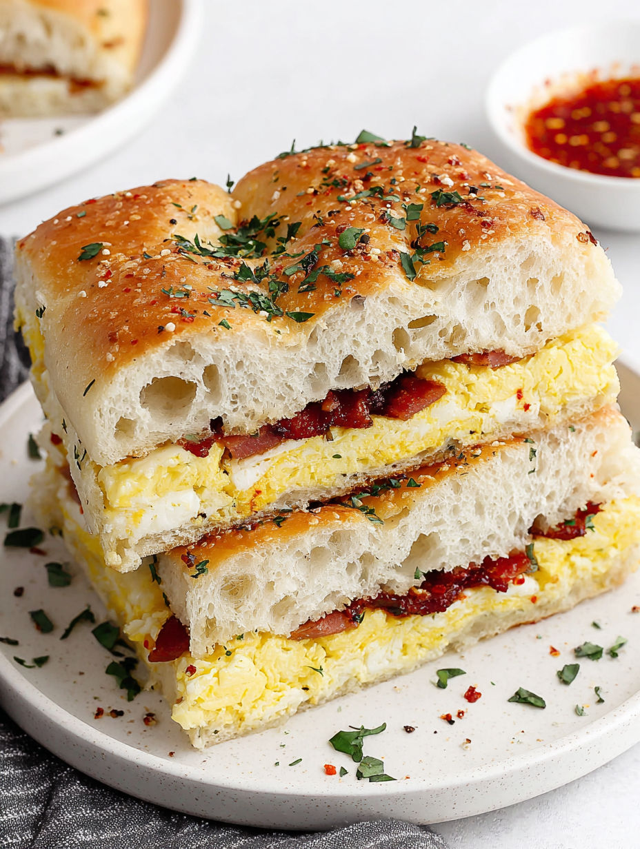 A homemade focaccia breakfast sandwich.