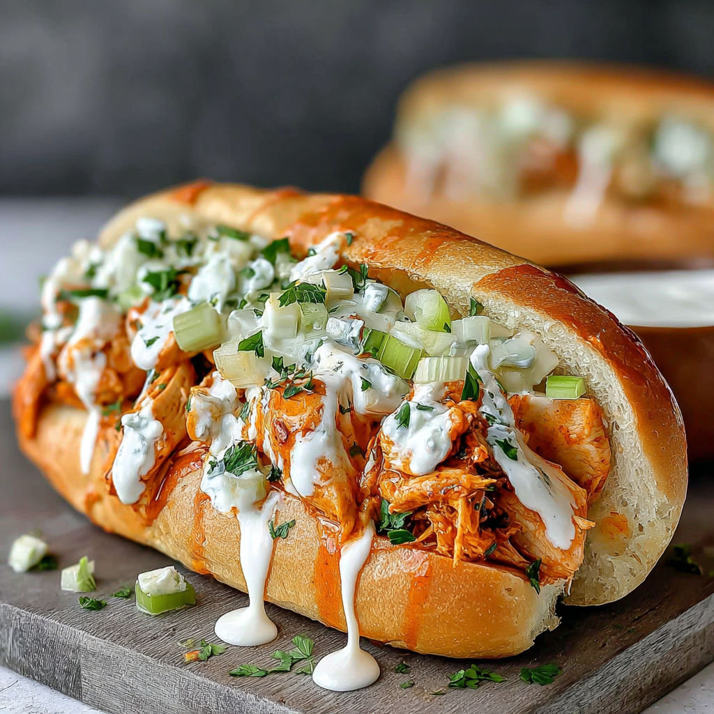 A spicy buffalo chicken cheesesteak on a wooden table.