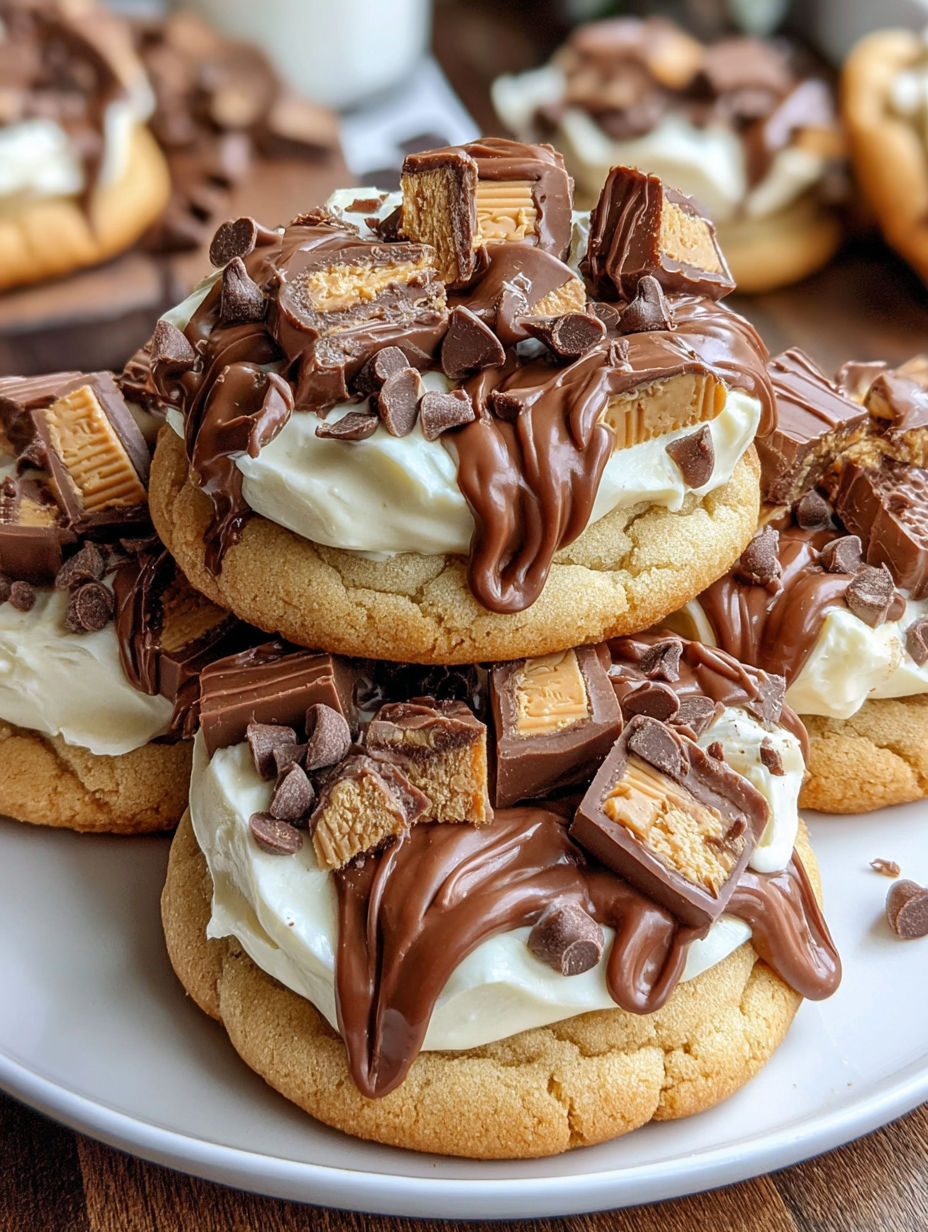 A stack of cookies with chocolate and white frosting.