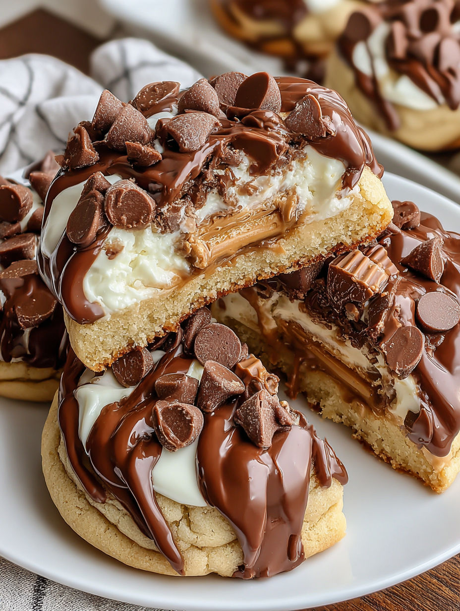 A chocolate and white cookie with chocolate drizzled on top.