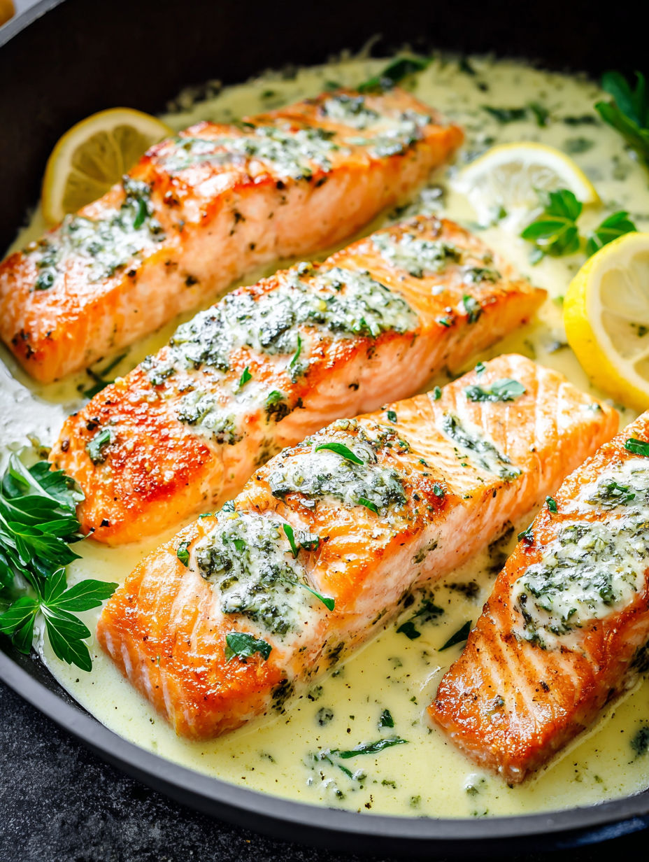 A pan of cooked salmon with lemon wedges and herbs.