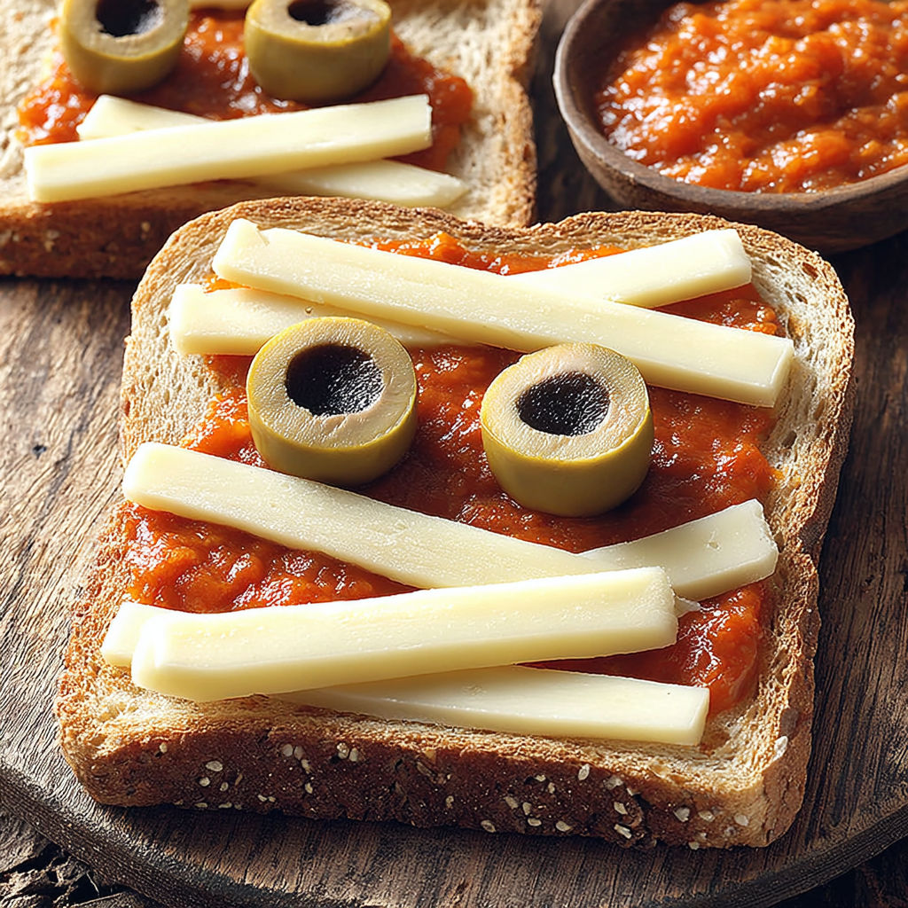 A slice of bread with cheese and olives on it.