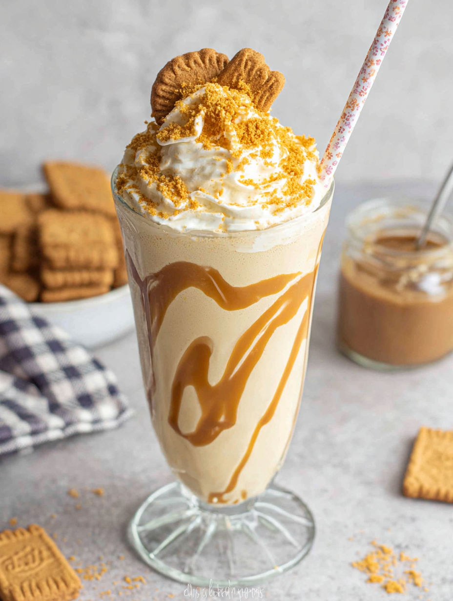 A glass of milk with a cookie on top.