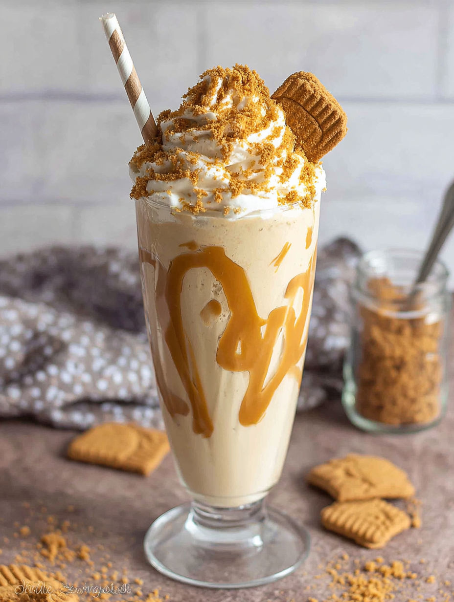 A glass of milk with a cookie on top.