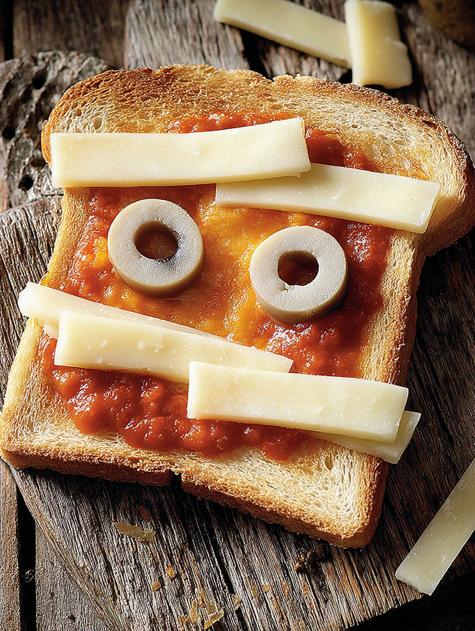 A slice of bread with cheese and olives on it.