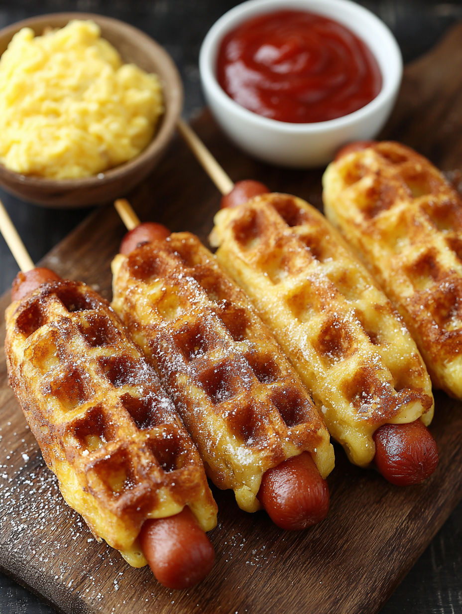 A plate of waffle dogs with a bowl of ketchup.
