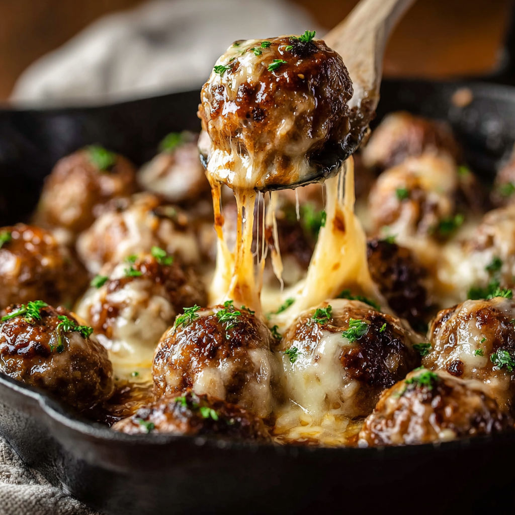 A close up of a delicious cheesy meatball dish.