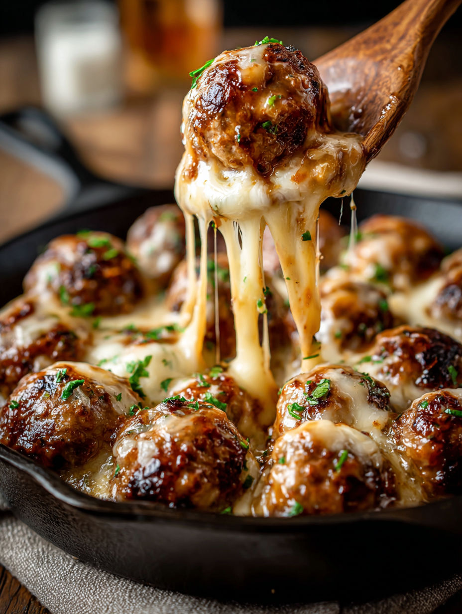 A close up of a delicious cheesy French onion meatballs.