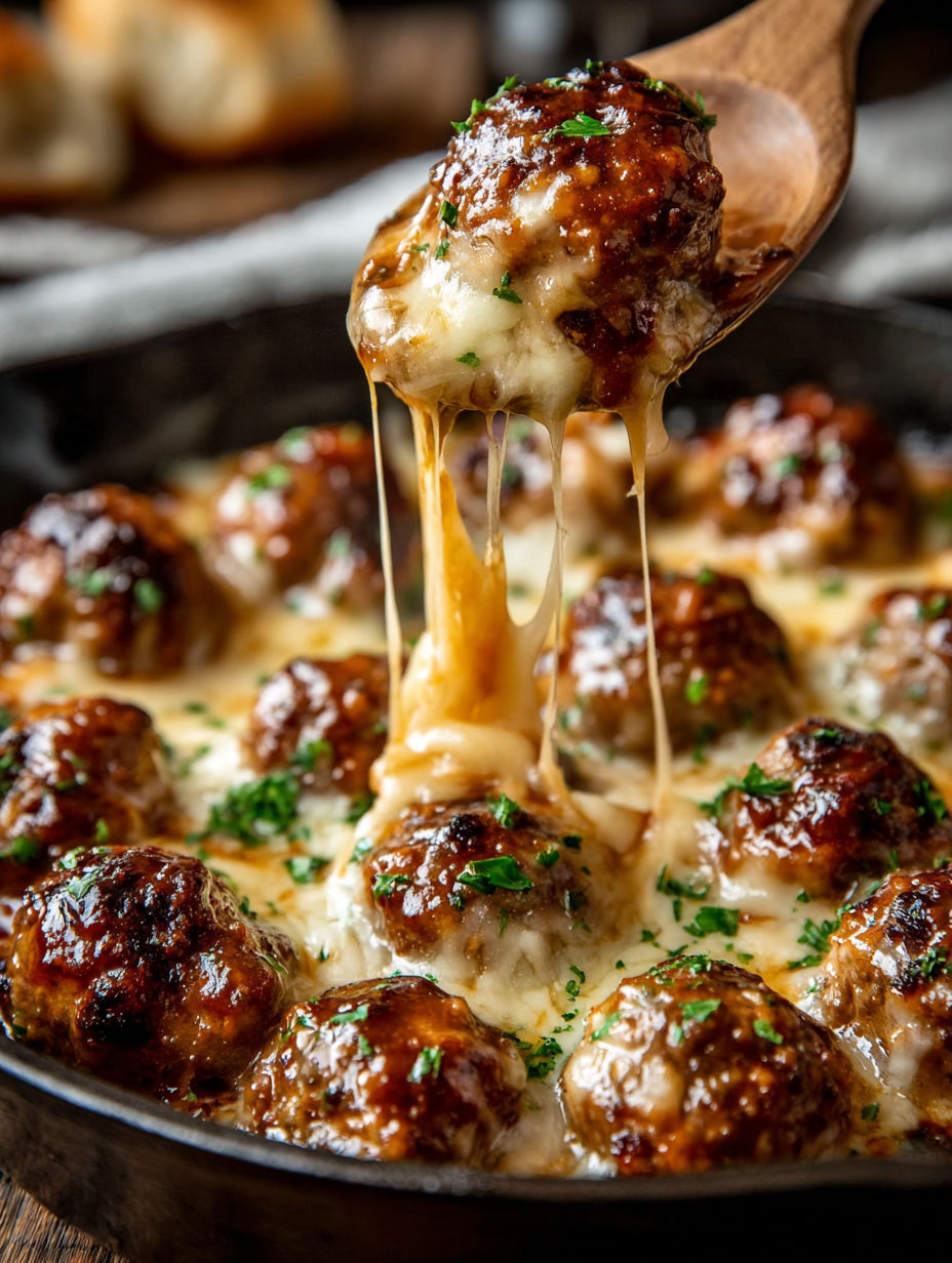 A spoon is in a bowl of cheesy meatballs.